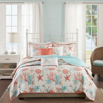 Madison Park Pebble Beach 6-Piece Cotton Sateen Printed Coverler Set in Coral