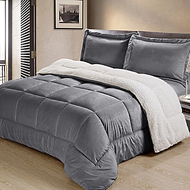 Cathay Home Sherpa Down Alternative 3-Piece Reversible Queen Comforter Set in Pewter. View a larger version of this product image.