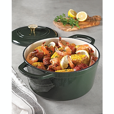 Our Table&trade; 6 qt. Enameled Cast Iron Dutch Oven with Gold Lid Knob in Sycamore. View a larger version of this product image.