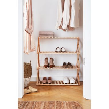 Squared Away&trade; 4-Tier Foldable Wood Shoe Rack in Brown. View a larger version of this product image.