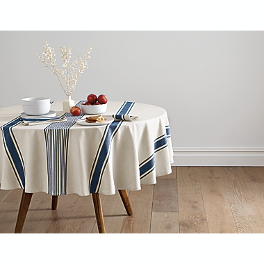 Our Table&trade; Ezra 70-Inch Round Variegated Stripe Tablecloth in Navy. View a larger version of this product image.