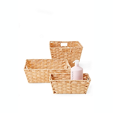 Squared Away&trade; Shallow Faux Rattan Storage Basket in Natural. View a larger version of this product image.