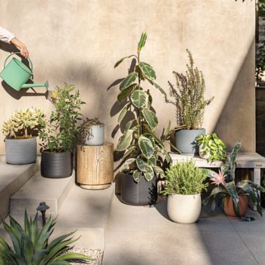 Everhome&trade; Small Round Stoneware Indoor/Outdoor Ribbed Planter in Grey. View a larger version of this product image.