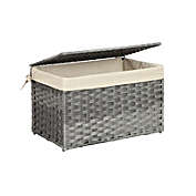 SONGMICS Storage Basket with Lid, Rattan-Style Storage Trunk with Cotton Liner and Handles, for Bedroom Closet Laundry Room, 21.9 x 13.4 x 13.4 Inches, Gray
