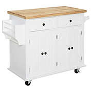 HOMCOM Rolling Kitchen Island Cart on Wheels with Rubber Wood Top, Spice Rack, Towel Rack & Drawers for Dining Room, White