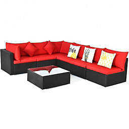 Costway 7 Pieces Sectional Wicker Furniture Sofa Set with Tempered Glass Top-Red