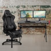 Emma + Oliver Black/Gray Gaming Desk Set - Cup/Headset Holder/Reclining & Footrest