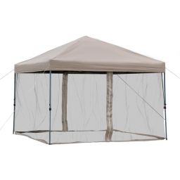 Outsunny 10' x 10' Pop Up Canopy Party Tent with Center Lift Hook Design, 3-Level Adjustable Height, Easy Move Roller Bag, Khaki