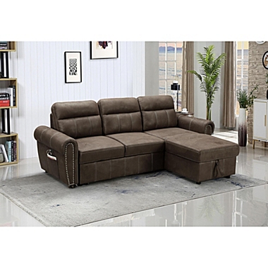 Contemporary Home Living 37" Hugo Brown Polished Microfiber Sleeper Sectional Sofa with Reversible Storage Chaise. View a larger version of this product image.