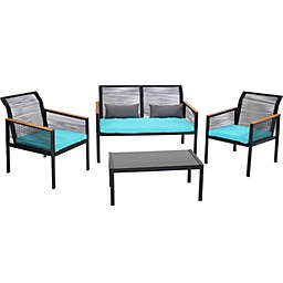 Sunnydaze Coachford 4-Piece Black Resin Rattan Outdoor Patio Set - Blue Cushions