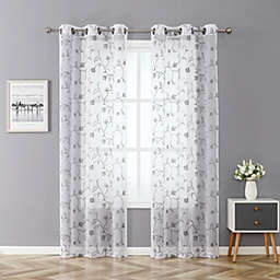 Kate Aurora 2 Piece Scroll Floral Embroidered Sheer Voile Grommet Top Window Curtains - Gray