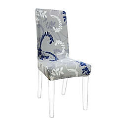 PiccoCasa Stretch Floral Print Dining Chair Cover Gray And Deep Blue, 1 Piece