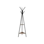 Saltoro Sherpi Iron Framed Coat Rack Stand with Six Hooks and Two Wooden Shelf, Black and Brown-