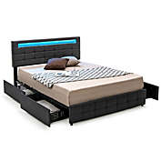 Slickblue Upholstered Queen LED Bed Frame with Headboard and 4 Drawers
