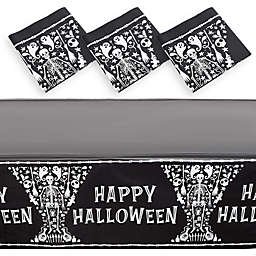 Spooky Central Skeleton Coffin Happy Halloween Tablecloth, Black Table Cover (54 x 108 in, 3 Pack)