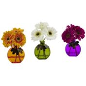 Nearly Natural Gerber Daisy Silk Arrangement with Colored Vase (Set of 3)