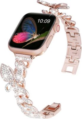 Worryfree Gadgets Apple Watch Band 38mm 40mm 41mm  Stainless Steel iWatch Bands with Bling Rhinestones for Series 8 7 6 5 4 3 2 1 SE, Rose Pink