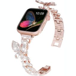 Worryfree Gadgets Apple Watch Band 38mm 40mm 41mm  Stainless Steel iWatch Bands with Bling Rhinestones for Series 8 7 6 5 4 3 2 1 SE, Rose Pink