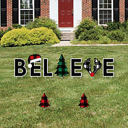 Big Dot of Happiness Holiday Plaid Trees - Yard Sign Outdoor Lawn Decorations - Buffalo Plaid Christmas Party Yard Signs - Believe