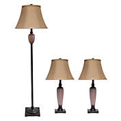 Lalia Home Homely Traditional Valdivian 3 Piece Metal Lamp Set (2 Table Lamps, 1 Floor Lamp) For Living Room, Bedroom, Home Decor With Light Brown Empire Fabric Shades And Hammered Bronze Finish