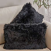 Cheer Collection  Shaggy Long Hair Throw Pillows - Super Soft and Plush Faux Fur Lumbar Accent Pillows - 12 x 20 - Set of 2 - Black