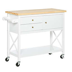 HOMCOM Rolling Kitchen Island Utility Trolley Cart with with Rubberwood Top Storage Cabinet, 2 Drawers, Towel Rack, White