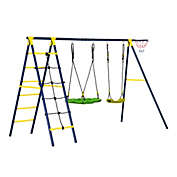 Outsunny 330 lbs. Kids Swing Set for Backyard, Outdoor Play Equipment, with Adjustable Swing Seat, Basket Hoop, Climb Ladder, Net, A-Frame Metal Stand, for 3-10 Years Old, Green