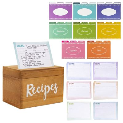 Juvale Wood Recipe Card Box Set, Organizer with 24 Dividers, 60 Blank Recipe Cards (4x6 in)