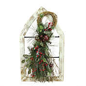 Gerson 29.5" White Window Frame with Mixed Pine and Berry Swag Christmas Wall Decoration