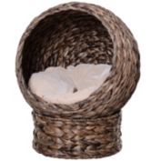 PawHut  Cat Braided Water Hyacinth House Enclosure, Designed for Indoors and Includes Super Soft Cotton Bed, 23.5" H, Dark Brown