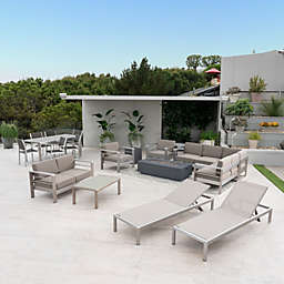 Contemporary Home Living 18-Piece Dark Gray and Silver Aluminum Outdoor Furniture Patio Conversation Set - Khaki Cushions