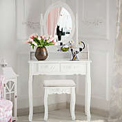 Costway Vanity Wood Makeup Dressing Table Set with Stool Mirror in White