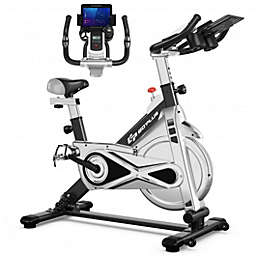 Costway Stationary Silent Belt Adjustable Exercise Bike with Phone Holder and Electronic Display-Black