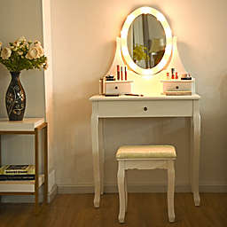 Gymax 3 Drawers Bedroom Vanity Makeup Dressing Table Stool Set Lighted Mirror W/10 LED Bulbs