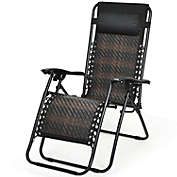 Slickblue Folding Rattan Zero Gravity Lounge Chair with Removable Head Pillow-Brown
