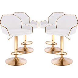 Set of 4 Modern Home Luxe Tesla Contemporary Adjustable Barstool/Bar Chair with 360? Rotation - Modern Comfortable Adjusting Height Counter/Bar Stool (Gold Base, White/Gold Piping)