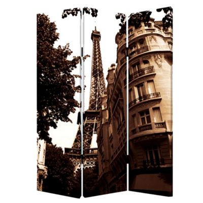 Benjara 3 Panel Foldable Canvas Screen with Eiffel Tower Print, Brown- Saltoro Sherpi