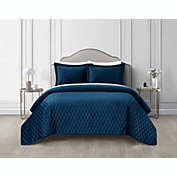 NY&C Home Wafa 3 Piece Velvet Quilt Set Diamond Stitched Pattern Bedding - Pillow Shams Included, King, Blue