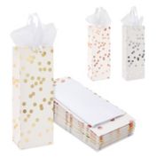 Sparkle and Bash Polka Dot Wine Bottle Gift Bags with Tissue Paper, White and Gold Foil (12 Pack)
