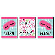 Big Dot of Happiness Spa Day - Girls Makeup Kids Bathroom Rules Wall Art - 7.5 x 10 inches - Set of 3 Signs - Wash, Brush, Flush