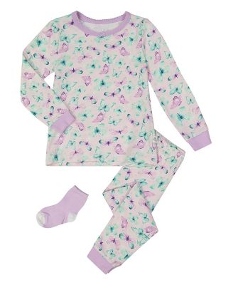 Sleep On It Infant/Toddler Girls Vibrant Butterflies Snug Fit 2-Piece Pajama Sleep Set with Matching Socks