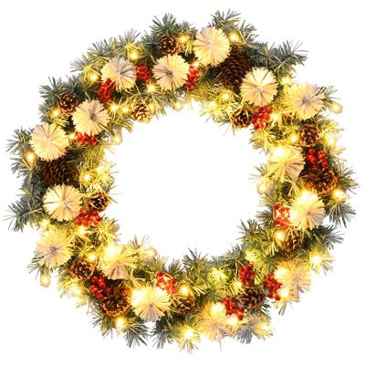 Costway 30" Pre-lit Flocked Artificial Christmas Pine Wreath w/Mixed Decorations
