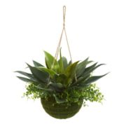Nearly Natural 15" Agave and Maiden Hair Artificial Outdoor Plant in Hanging Basket