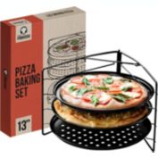 Chef Pomodoro Pizza Baking Set with 3 Pizza Pans and Pizza Rack, Non-stick Perforated Pizza Trays, for Oven, Grill, Barbeque (13-Inch Pans)