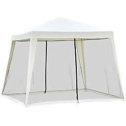 Outsunny 10' x 10' Folding Slant Leg Screened Sun Shelter Canopy Tent with Mesh Sidewalls - Beige