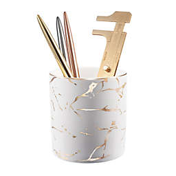 Zodaca Pen Holder, Ceramic Marble Pencil Cup Desk Organizer Makeup Brushes Holder with Gold Accent, White Golden