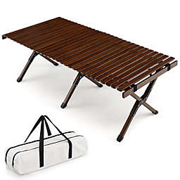 Costway Portable Folding Bamboo Camping Table with Carry Bag