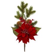 Nearly Natural Home Decorative 17"H Poinsettia, Berry and Pine Artificial Flower Bundle - Set of 6