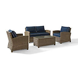 Crosley Furniture Bradenton 4Pc Outdoor Wicker Conversation Set Navy/Weathered Brown