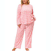 Agnes Orinda Plus Size Flannel Pajamas Set for Women Heart Prints Long Sleeve Elastic Waist Crew Neck Loungewear Soft Sleepwears 2X Pink
